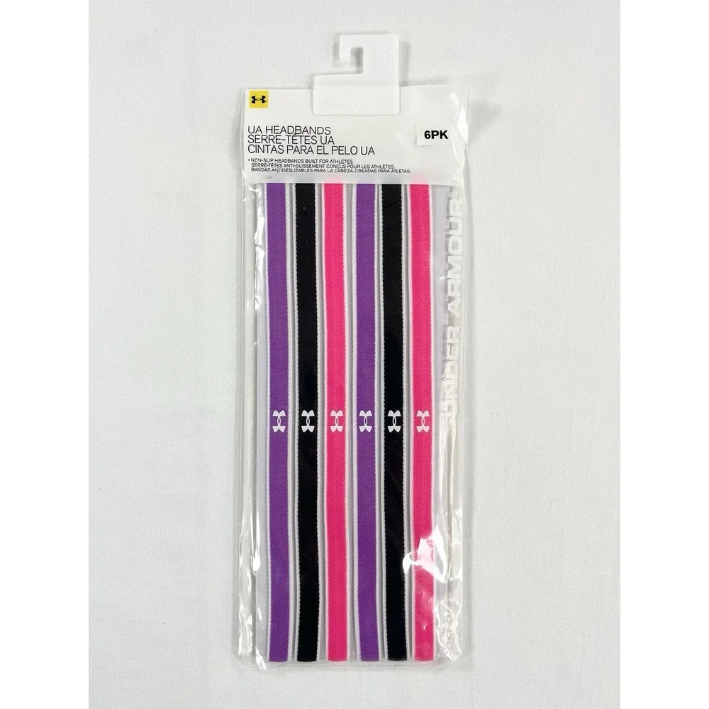 ⁠New Under Armour Women Mini Elastic Headbands Non Slip Pink Black Purple 6 Pack